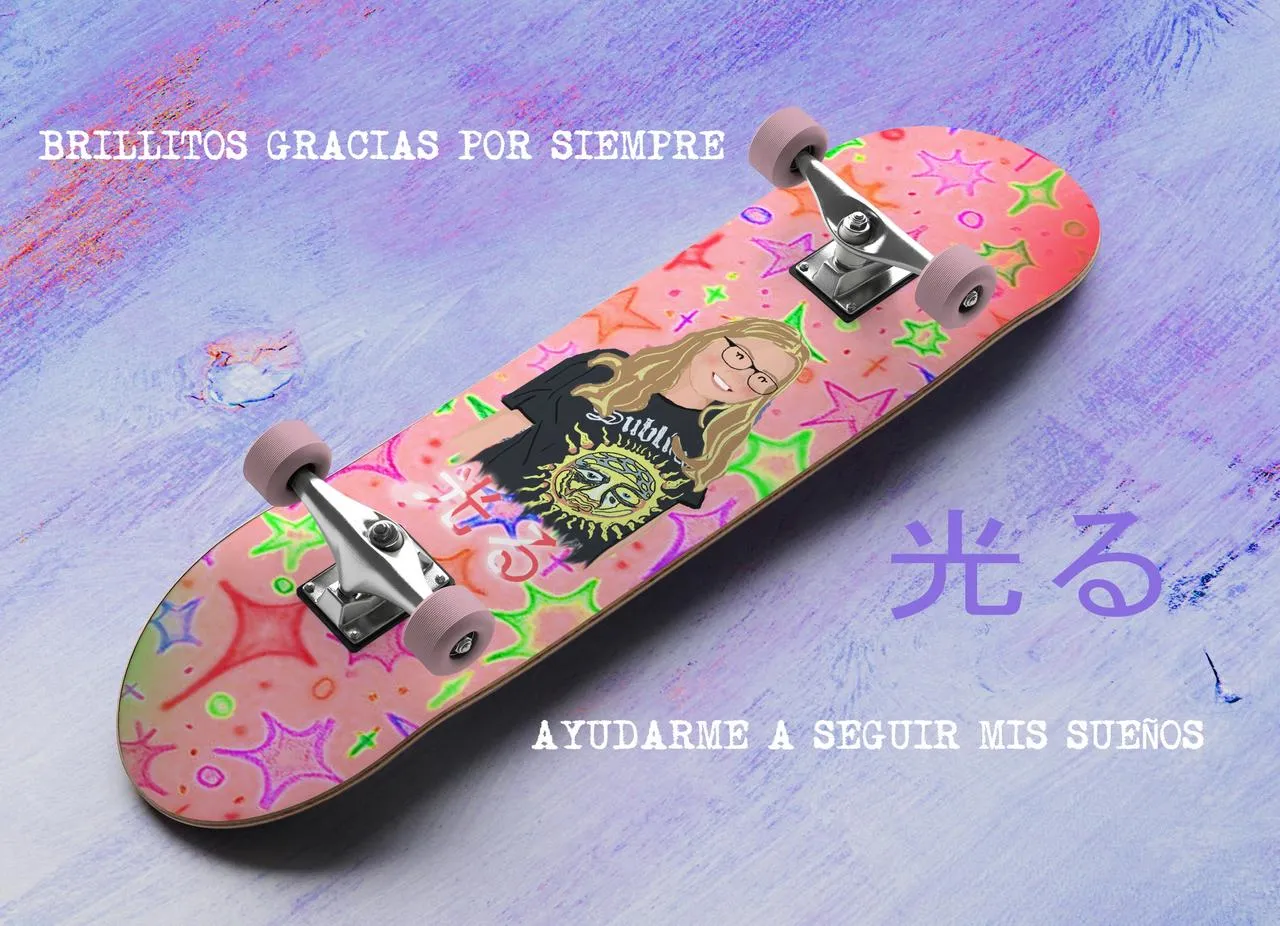 Skateboard pintado a mano con dedicatoria a Brillitos