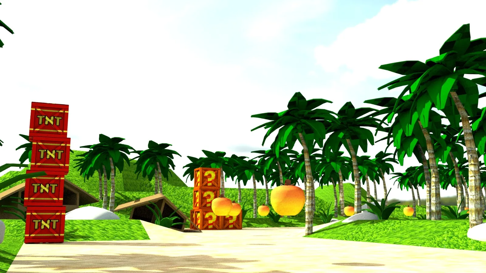 Render 3D del escenario Crash Bandicoot con cajas TNT y palmeras