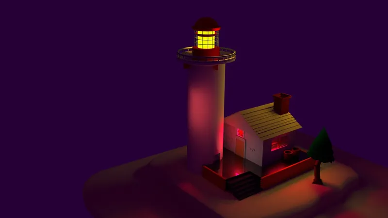 Render 3D nocturno isométrico de un faro y casa con luz roja